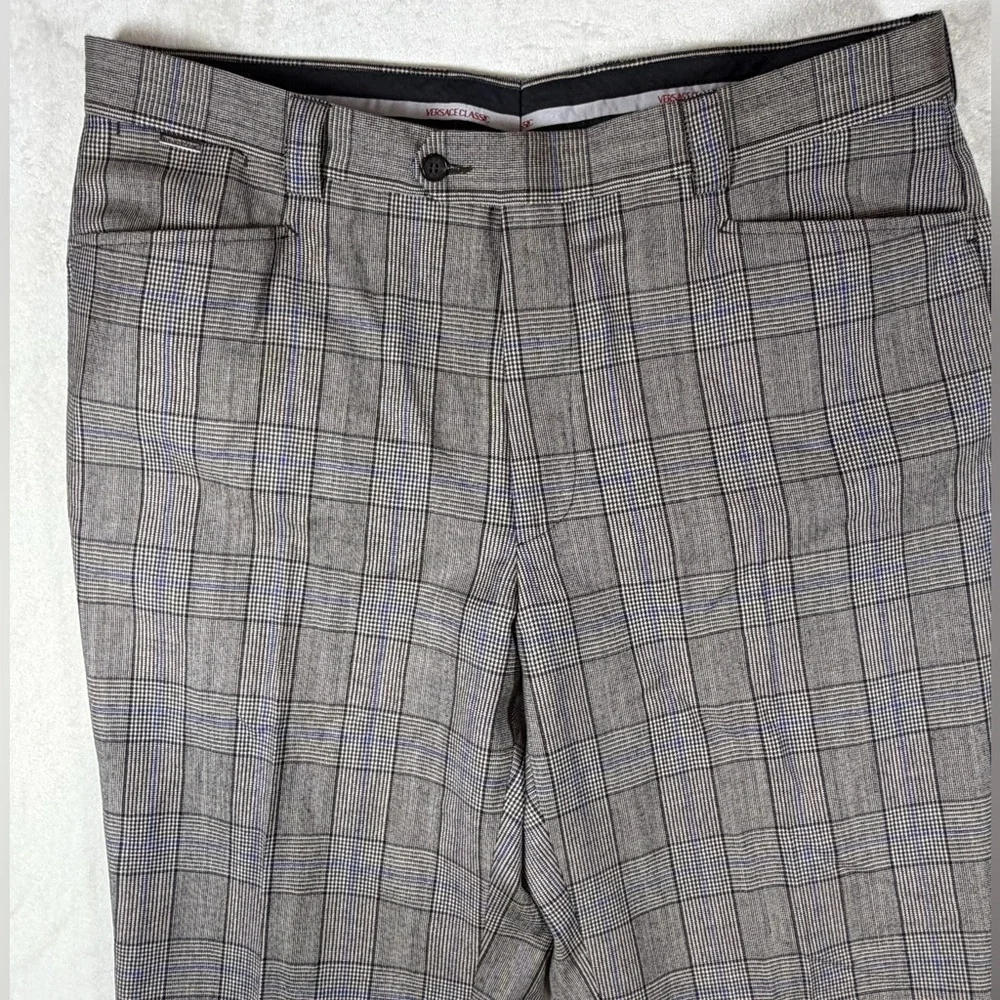 Versace Classic Made in Italy 38W 100% Wool Black and Blue Glen Plaid Dress Pant